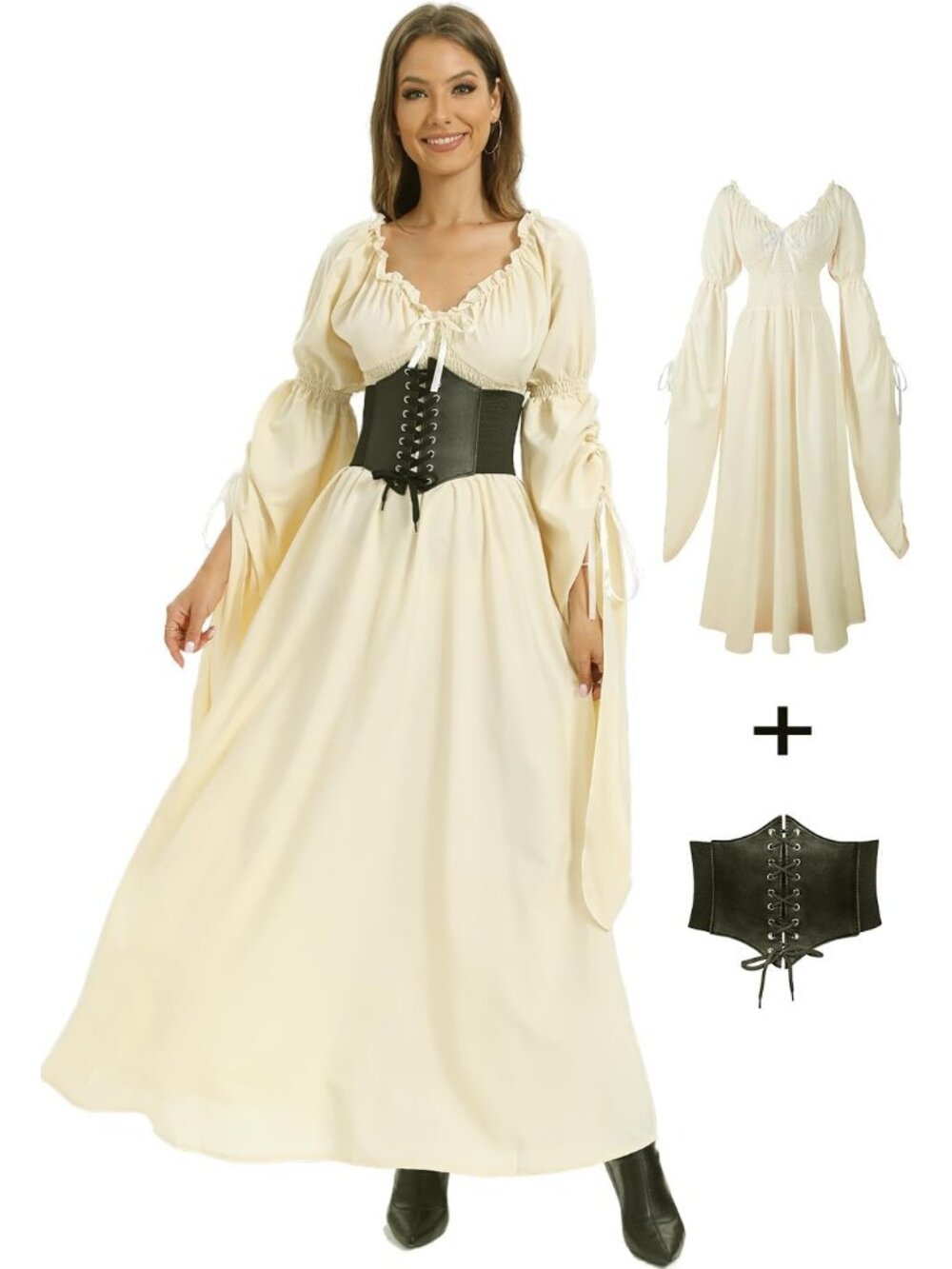 🎃 Women Apricot Renaissance Witch Dress Peasant Gothic Fairy Halloween Costumes